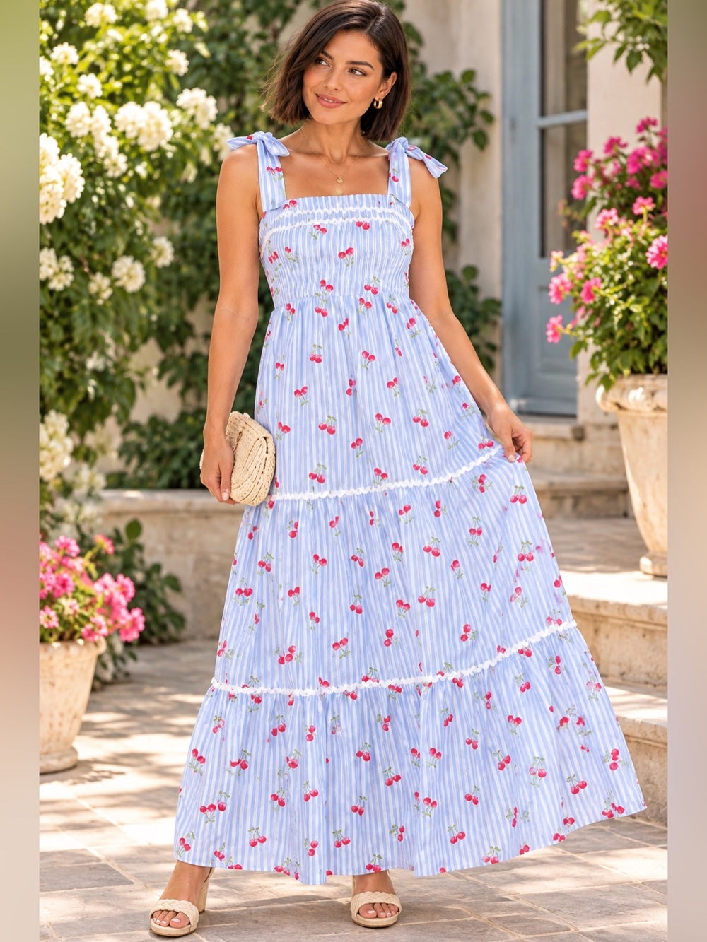 Rachel Zoe Blue Striped Cherry Print Bow Strap Maxi Dress Size 6 NWT